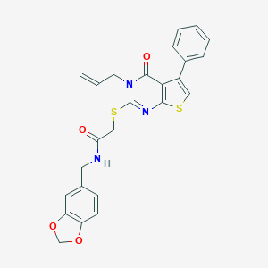 molecular formula C25H21N3O4S2 B382612 N-(1,3-benzodioxol-5-ylmethyl)-2-(4-oxo-5-phenyl-3-prop-2-enylthieno[2,3-d]pyrimidin-2-yl)sulfanylacetamide CAS No. 315710-04-4