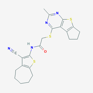 molecular formula C22H22N4OS3 B382640 N-(3-cyano-5,6,7,8-tetrahydro-4H-cyclohepta[b]thien-2-yl)-2-[(2-methyl-6,7-dihydro-5H-cyclopenta[4,5]thieno[2,3-d]pyrimidin-4-yl)sulfanyl]acetamide 