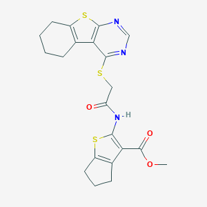 molecular formula C21H21N3O3S3 B382641 methyl 2-{[(5,6,7,8-tetrahydro[1]benzothieno[2,3-d]pyrimidin-4-ylsulfanyl)acetyl]amino}-5,6-dihydro-4H-cyclopenta[b]thiophene-3-carboxylate 