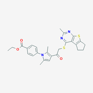molecular formula C27H27N3O3S2 B382642 ethyl 4-(2,5-dimethyl-3-{[(2-methyl-6,7-dihydro-5H-cyclopenta[4,5]thieno[2,3-d]pyrimidin-4-yl)sulfanyl]acetyl}-1H-pyrrol-1-yl)benzoate 