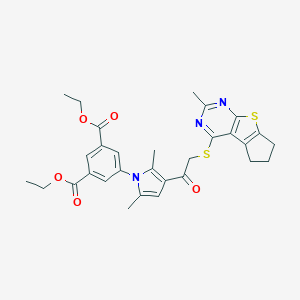 molecular formula C30H31N3O5S2 B382650 diethyl 5-(2,5-dimethyl-3-{[(2-methyl-6,7-dihydro-5H-cyclopenta[4,5]thieno[2,3-d]pyrimidin-4-yl)sulfanyl]acetyl}-1H-pyrrol-1-yl)isophthalate 