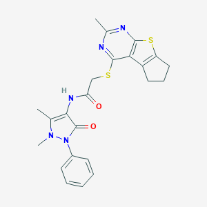 molecular formula C23H23N5O2S2 B382669 N-(1,5-dimethyl-3-oxo-2-phenyl-2,3-dihydro-1H-pyrazol-4-yl)-2-[(2-methyl-6,7-dihydro-5H-cyclopenta[4,5]thieno[2,3-d]pyrimidin-4-yl)thio]acetamide 
