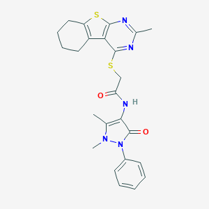 molecular formula C24H25N5O2S2 B382670 N-(1,5-dimethyl-3-oxo-2-phenyl-2,3-dihydro-1H-pyrazol-4-yl)-2-[(2-methyl-5,6,7,8-tetrahydro[1]benzothieno[2,3-d]pyrimidin-4-yl)sulfanyl]acetamide 