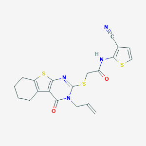 molecular formula C20H18N4O2S3 B382676 2-[(3-Allyl-4-oxo-3,4,5,6,7,8-hexahydro[1]benzothieno[2,3-D]pyrimidin-2-YL)sulfanyl]-N-(3-cyano-2-thienyl)acetamide 