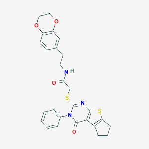 molecular formula C27H25N3O4S2 B382678 N-[2-(2,3-dihydro-1,4-benzodioxin-6-yl)ethyl]-2-[(4-oxo-3-phenyl-3,5,6,7-tetrahydro-4H-cyclopenta[4,5]thieno[2,3-d]pyrimidin-2-yl)sulfanyl]acetamide 
