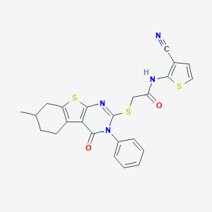 molecular formula C24H20N4O2S3 B382679 N-(3-Cyano-2-thienyl)-2-[(7-methyl-4-oxo-3-phenyl-3,4,5,6,7,8-hexahydro[1]benzothieno[2,3-D]pyrimidin-2-YL)sulfanyl]acetamide 