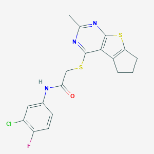 molecular formula C18H15ClFN3OS2 B382682 N-(3-chloro-4-fluorophenyl)-2-({10-methyl-7-thia-9,11-diazatricyclo[6.4.0.0^{2,6}]dodeca-1(8),2(6),9,11-tetraen-12-yl}sulfanyl)acetamide CAS No. 379244-41-4