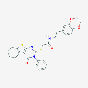 molecular formula C28H27N3O4S2 B382683 N-[2-(2,3-dihydro-1,4-benzodioxin-6-yl)ethyl]-2-[(4-oxo-3-phenyl-3,4,5,6,7,8-hexahydro[1]benzothieno[2,3-d]pyrimidin-2-yl)sulfanyl]acetamide 