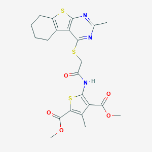 molecular formula C22H23N3O5S3 B382684 Dimethyl 3-methyl-5-({[(2-methyl-5,6,7,8-tetrahydro[1]benzothieno[2,3-d]pyrimidin-4-yl)sulfanyl]acetyl}amino)-2,4-thiophenedicarboxylate 