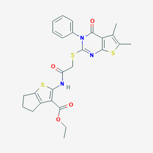 molecular formula C26H25N3O4S3 B382685 ethyl 2-({[(5,6-dimethyl-4-oxo-3-phenyl-3,4-dihydrothieno[2,3-d]pyrimidin-2-yl)sulfanyl]acetyl}amino)-5,6-dihydro-4H-cyclopenta[b]thiophene-3-carboxylate 