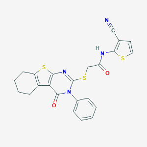 molecular formula C23H18N4O2S3 B382686 N-(3-Cyano-2-thienyl)-2-[(4-oxo-3-phenyl-3,4,5,6,7,8-hexahydro[1]benzothieno[2,3-D]pyrimidin-2-YL)sulfanyl]acetamide 