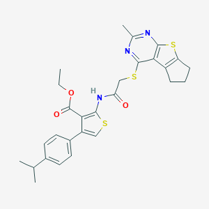 molecular formula C28H29N3O3S3 B382687 Ethyl 4-(4-isopropylphenyl)-2-({[(2-methyl-6,7-dihydro-5H-cyclopenta[4,5]thieno[2,3-D]pyrimidin-4-YL)sulfanyl]acetyl}amino)-3-thiophenecarboxylate 