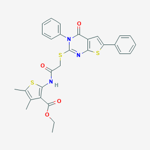 molecular formula C29H25N3O4S3 B382690 Ethyl 4,5-dimethyl-2-({[(4-oxo-3,6-diphenyl-3,4-dihydrothieno[2,3-d]pyrimidin-2-yl)sulfanyl]acetyl}amino)thiophene-3-carboxylate 