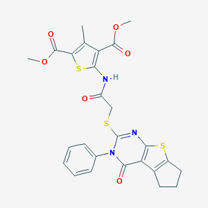 molecular formula C26H23N3O6S3 B382691 dimethyl 3-methyl-5-({[(4-oxo-3-phenyl-3,5,6,7-tetrahydro-4H-cyclopenta[4,5]thieno[2,3-d]pyrimidin-2-yl)sulfanyl]acetyl}amino)-2,4-thiophenedicarboxylate 