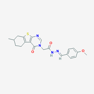 molecular formula C21H22N4O3S B382826 N'-(4-methoxybenzylidene)-2-(7-methyl-4-oxo-5,6,7,8-tetrahydro[1]benzothieno[2,3-d]pyrimidin-3(4H)-yl)acetohydrazide CAS No. 307545-86-4