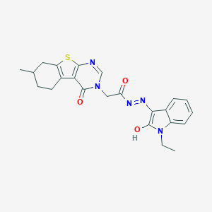 molecular formula C23H23N5O3S B382832 N-(1-Ethyl-2-hydroxyindol-3-yl)imino-2-(7-methyl-4-oxo-5,6,7,8-tetrahydro-[1]benzothiolo[2,3-d]pyrimidin-3-yl)acetamide CAS No. 370844-07-8