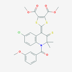 molecular formula C26H22ClNO6S3 B382910 4,5-DIMETHYL 2-[6-CHLORO-1-(3-METHOXYBENZOYL)-2,2-DIMETHYL-3-SULFANYLIDENE-1,2,3,4-TETRAHYDROQUINOLIN-4-YLIDENE]-2H-1,3-DITHIOLE-4,5-DICARBOXYLATE 