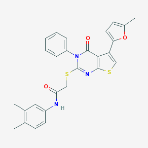molecular formula C27H23N3O3S2 B382935 N-(3,4-dimethylphenyl)-2-[5-(5-methylfuran-2-yl)-4-oxo-3-phenylthieno[2,3-d]pyrimidin-2-yl]sulfanylacetamide CAS No. 379239-11-9