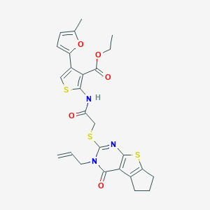 molecular formula C26H25N3O5S3 B382973 ethyl 2-({[(3-allyl-4-oxo-3,5,6,7-tetrahydro-4H-cyclopenta[4,5]thieno[2,3-d]pyrimidin-2-yl)sulfanyl]acetyl}amino)-4-(5-methyl-2-furyl)-3-thiophenecarboxylate 