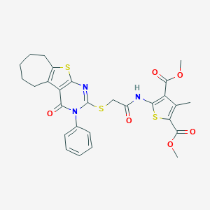 molecular formula C28H27N3O6S3 B383050 2,4-dimethyl 3-methyl-5-[2-({3-oxo-4-phenyl-8-thia-4,6-diazatricyclo[7.5.0.0^{2,7}]tetradeca-1(9),2(7),5-trien-5-yl}sulfanyl)acetamido]thiophene-2,4-dicarboxylate CAS No. 379236-91-6
