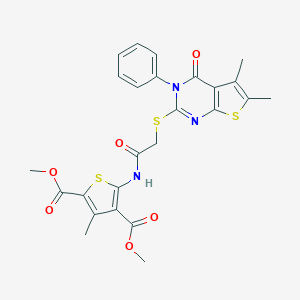molecular formula C25H23N3O6S3 B383058 Dimethyl 5-({[(5,6-dimethyl-4-oxo-3-phenyl-3,4-dihydrothieno[2,3-d]pyrimidin-2-yl)sulfanyl]acetyl}amino)-3-methyl-2,4-thiophenedicarboxylate 