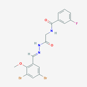 molecular formula C17H14Br2FN3O3 B3830879 N-({N'-[(E)-(3,5-DIBROMO-2-METHOXYPHENYL)METHYLIDENE]HYDRAZINECARBONYL}METHYL)-3-FLUOROBENZAMIDE 