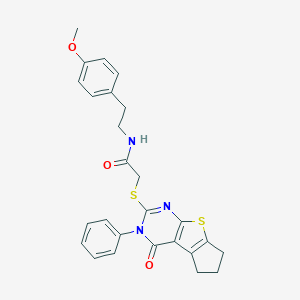molecular formula C26H25N3O3S2 B383123 N-[2-(4-methoxyphenyl)ethyl]-2-[(4-oxo-3-phenyl-3,5,6,7-tetrahydro-4H-cyclopenta[4,5]thieno[2,3-d]pyrimidin-2-yl)sulfanyl]acetamide 