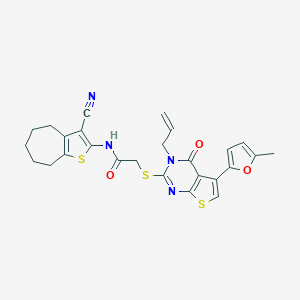 molecular formula C26H24N4O3S3 B383155 N-(3-cyano-5,6,7,8-tetrahydro-4H-cyclohepta[b]thiophen-2-yl)-2-[5-(5-methylfuran-2-yl)-4-oxo-3-prop-2-enylthieno[2,3-d]pyrimidin-2-yl]sulfanylacetamide CAS No. 379239-39-1
