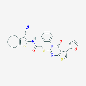 molecular formula C28H22N4O3S3 B383157 N-(3-cyano-5,6,7,8-tetrahydro-4H-cyclohepta[b]thiophen-2-yl)-2-[5-(furan-2-yl)-4-oxo-3-phenylthieno[2,3-d]pyrimidin-2-yl]sulfanylacetamide CAS No. 379239-67-5