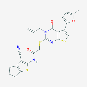 molecular formula C24H20N4O3S3 B383158 N-(3-cyano-5,6-dihydro-4H-cyclopenta[b]thiophen-2-yl)-2-[5-(5-methylfuran-2-yl)-4-oxo-3-prop-2-enylthieno[2,3-d]pyrimidin-2-yl]sulfanylacetamide CAS No. 496027-92-0