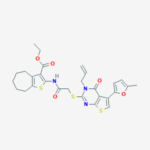 molecular formula C28H29N3O5S3 B383159 ethyl 2-[[2-[5-(5-methylfuran-2-yl)-4-oxo-3-prop-2-enylthieno[2,3-d]pyrimidin-2-yl]sulfanylacetyl]amino]-5,6,7,8-tetrahydro-4H-cyclohepta[b]thiophene-3-carboxylate CAS No. 379239-68-6