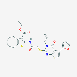 molecular formula C27H27N3O5S3 B383160 ethyl 2-(2-((3-allyl-5-(furan-2-yl)-4-oxo-3,4-dihydrothieno[2,3-d]pyrimidin-2-yl)thio)acetamido)-5,6,7,8-tetrahydro-4H-cyclohepta[b]thiophene-3-carboxylate CAS No. 496024-17-0