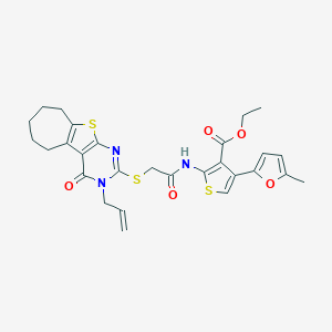 molecular formula C28H29N3O5S3 B383162 ethyl 2-({[(3-allyl-4-oxo-3,5,6,7,8,9-hexahydro-4H-cyclohepta[4,5]thieno[2,3-d]pyrimidin-2-yl)sulfanyl]acetyl}amino)-4-(5-methyl-2-furyl)-3-thiophenecarboxylate 