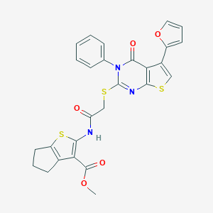 molecular formula C27H21N3O5S3 B383163 methyl 2-[[2-[5-(furan-2-yl)-4-oxo-3-phenylthieno[2,3-d]pyrimidin-2-yl]sulfanylacetyl]amino]-5,6-dihydro-4H-cyclopenta[b]thiophene-3-carboxylate CAS No. 379239-69-7