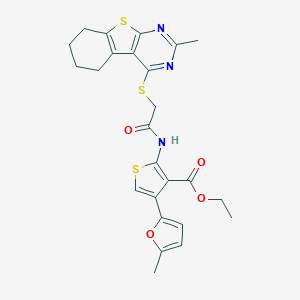 molecular formula C25H25N3O4S3 B383174 Ethyl 4-(5-methyl-2-furyl)-2-({[(2-methyl-5,6,7,8-tetrahydro[1]benzothieno[2,3-d]pyrimidin-4-yl)sulfanyl]acetyl}amino)-3-thiophenecarboxylate 
