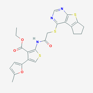 molecular formula C23H21N3O4S3 B383175 ethyl 2-{[(6,7-dihydro-5H-cyclopenta[4,5]thieno[2,3-d]pyrimidin-4-ylsulfanyl)acetyl]amino}-4-(5-methyl-2-furyl)-3-thiophenecarboxylate 