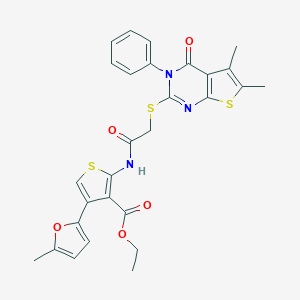 molecular formula C28H25N3O5S3 B383177 Ethyl 2-[[2-(5,6-dimethyl-4-oxo-3-phenylthieno[2,3-d]pyrimidin-2-yl)sulfanylacetyl]amino]-4-(5-methylfuran-2-yl)thiophene-3-carboxylate CAS No. 503431-88-7