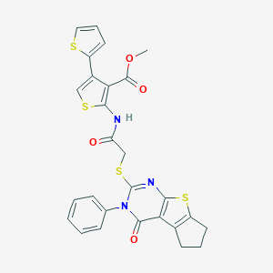 molecular formula C27H21N3O4S4 B383179 methyl 2-({[(4-oxo-3-phenyl-3,5,6,7-tetrahydro-4H-cyclopenta[4,5]thieno[2,3-d]pyrimidin-2-yl)sulfanyl]acetyl}amino)-2',4-bithiophene-3-carboxylate 