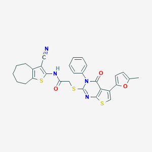 molecular formula C29H24N4O3S3 B383180 N-(3-cyano-5,6,7,8-tetrahydro-4H-cyclohepta[b]thiophen-2-yl)-2-[5-(5-methylfuran-2-yl)-4-oxo-3-phenylthieno[2,3-d]pyrimidin-2-yl]sulfanylacetamide CAS No. 496027-87-3