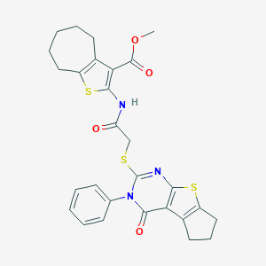 molecular formula C28H27N3O4S3 B383191 methyl 2-({[(4-oxo-3-phenyl-3,5,6,7-tetrahydro-4H-cyclopenta[4,5]thieno[2,3-d]pyrimidin-2-yl)sulfanyl]acetyl}amino)-5,6,7,8-tetrahydro-4H-cyclohepta[b]thiophene-3-carboxylate 