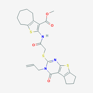 molecular formula C25H27N3O4S3 B383193 methyl 2-({[(3-allyl-4-oxo-3,5,6,7-tetrahydro-4H-cyclopenta[4,5]thieno[2,3-d]pyrimidin-2-yl)sulfanyl]acetyl}amino)-5,6,7,8-tetrahydro-4H-cyclohepta[b]thiophene-3-carboxylate 