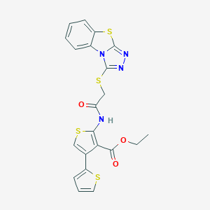 molecular formula C21H16N4O3S4 B383196 Ethyl 4-thiophen-2-yl-2-[[2-([1,2,4]triazolo[3,4-b][1,3]benzothiazol-1-ylsulfanyl)acetyl]amino]thiophene-3-carboxylate CAS No. 379238-42-3