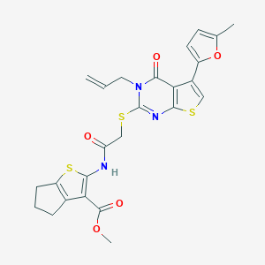 molecular formula C25H23N3O5S3 B383201 methyl 2-[[2-[5-(5-methylfuran-2-yl)-4-oxo-3-prop-2-enylthieno[2,3-d]pyrimidin-2-yl]sulfanylacetyl]amino]-5,6-dihydro-4H-cyclopenta[b]thiophene-3-carboxylate CAS No. 379239-74-4