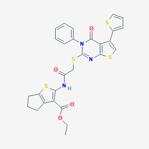 molecular formula C28H23N3O4S4 B383213 ethyl 2-[({[4-oxo-3-phenyl-5-(2-thienyl)-3,4-dihydrothieno[2,3-d]pyrimidin-2-yl]sulfanyl}acetyl)amino]-5,6-dihydro-4H-cyclopenta[b]thiophene-3-carboxylate 