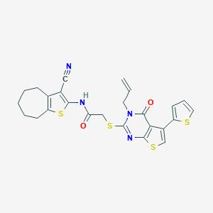 N-(3-cyano-5,6,7,8-tetrahydro-4H-cyclohepta[b]thiophen-2-yl)-2-{[4-oxo-3-(prop-2-en-1-yl)-5-(thiophen-2-yl)-3,4-dihydrothieno[2,3-d]pyrimidin-2-yl]sulfanyl}acetamide