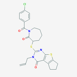 molecular formula C25H24ClN3O3S2 B383265 2-({1-[(4-chlorophenyl)carbonyl]-2-oxoazepan-3-yl}sulfanyl)-3-(prop-2-en-1-yl)-3,5,6,7-tetrahydro-4H-cyclopenta[4,5]thieno[2,3-d]pyrimidin-4-one 