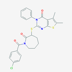 molecular formula C27H24ClN3O3S2 B383306 2-{[1-(4-chlorobenzoyl)-2-oxo-3-azepanyl]sulfanyl}-5,6-dimethyl-3-phenylthieno[2,3-d]pyrimidin-4(3H)-one 
