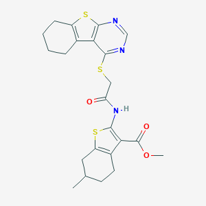 molecular formula C23H25N3O3S3 B383316 Methyl 6-methyl-2-{[(5,6,7,8-tetrahydro[1]benzothieno[2,3-d]pyrimidin-4-ylsulfanyl)acetyl]amino}-4,5,6,7-tetrahydro-1-benzothiophene-3-carboxylate 