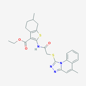 molecular formula C25H26N4O3S2 B383318 ethyl 6-methyl-2-(2-((5-methyl-[1,2,4]triazolo[4,3-a]quinolin-1-yl)thio)acetamido)-4,5,6,7-tetrahydrobenzo[b]thiophene-3-carboxylate CAS No. 442865-25-0