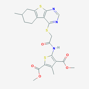 molecular formula C22H23N3O5S3 B383324 Dimethyl 3-methyl-5-({[(7-methyl-5,6,7,8-tetrahydro[1]benzothieno[2,3-d]pyrimidin-4-yl)sulfanyl]acetyl}amino)-2,4-thiophenedicarboxylate 